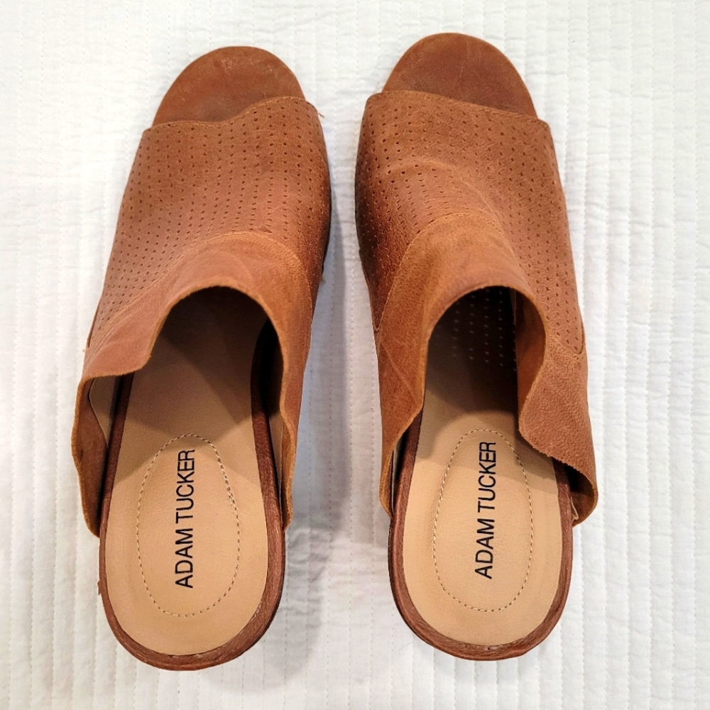 Adam Tucker Block Heel Mules Tan Perforated Leather - Picture 6 of 6